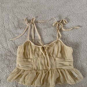 American Eagle Outfitters Yellow Gingham Tie-Shoulder Ruffle Crop Camisole